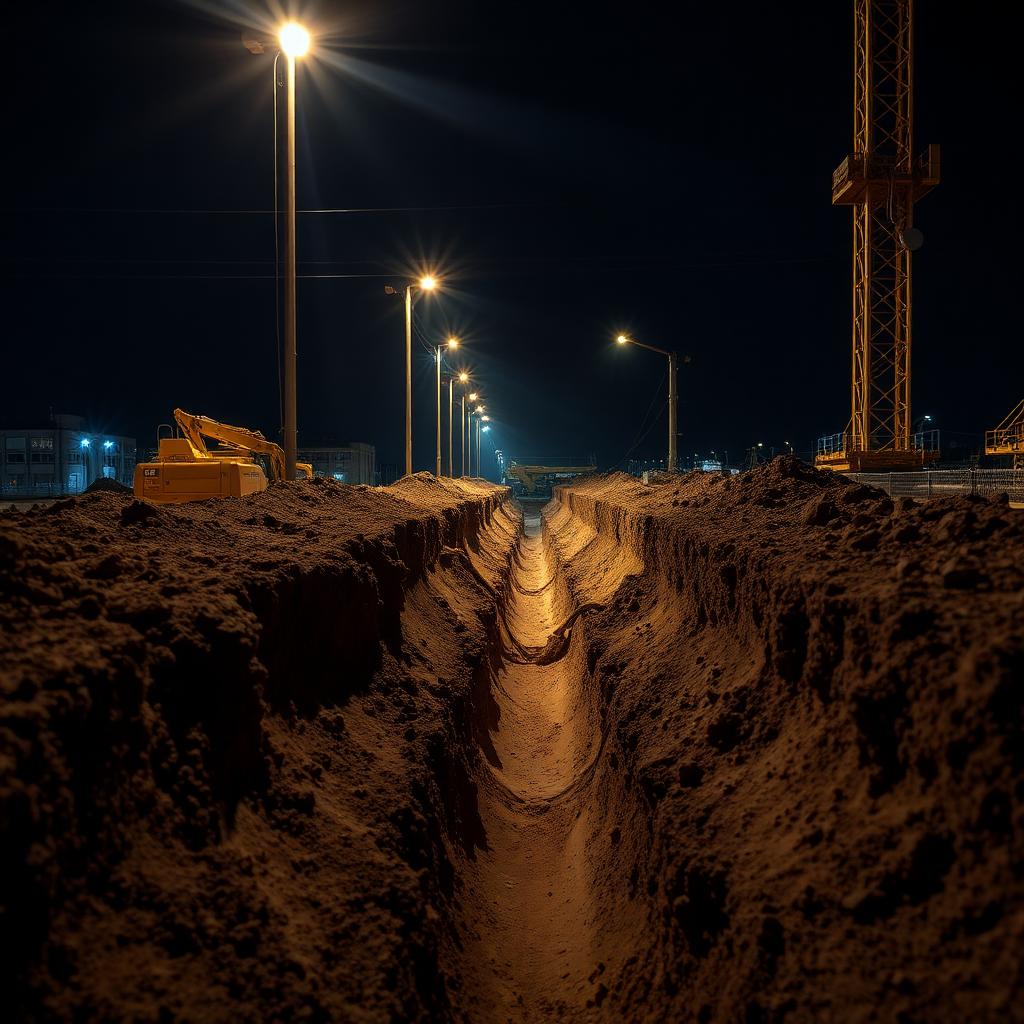 Compact excavator working on an emergency residential project at night